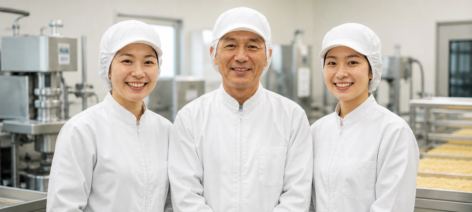 食品工場の製造設備前に立つスタッフ3名
